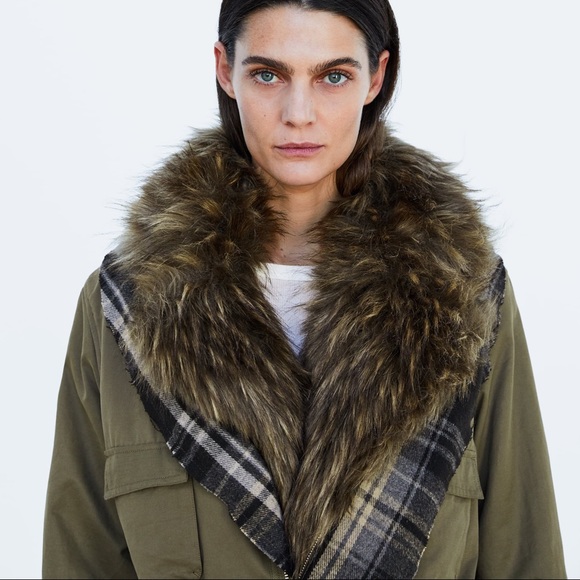 ZARA CONTRAST CHECKED FAUX FUR PARKA COAT JACKET NEW WITH TAGS SIZE XS KHAKI - Picture 7 of 13